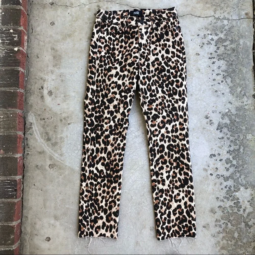 Paige Hoxton Straight Ankle hi high waisted Jeans Leopard Print brown raw hem 24